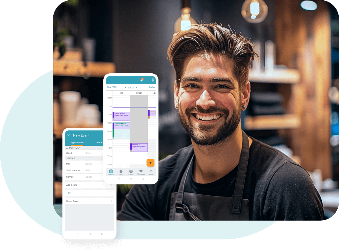 man smiling, myTime software showing schedule management