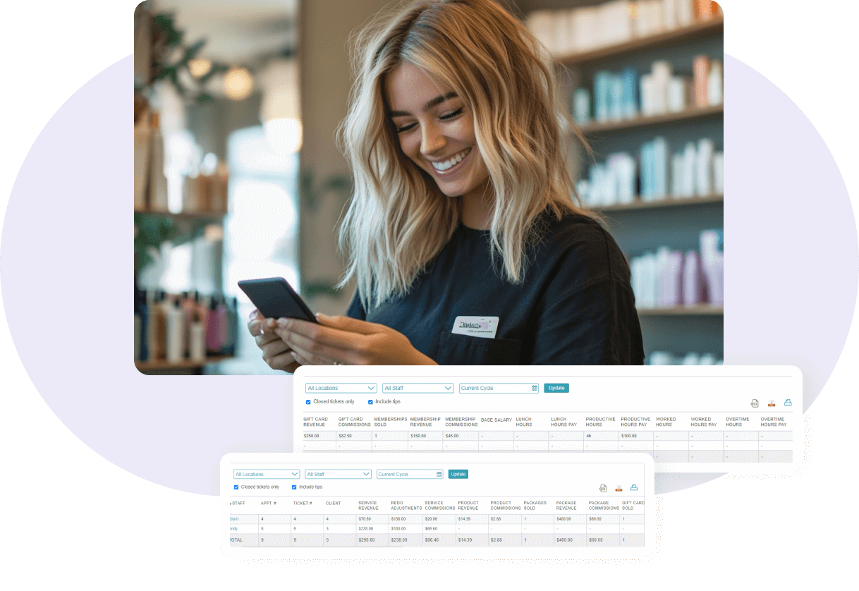 staff-management-image 2 woman looking at phone with myTime payroll interface